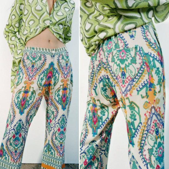 Zara Printed Flare Trousers Boho Multicolor Teal Orange Purple Ikat Blogger Fave - Picture 3 of 10